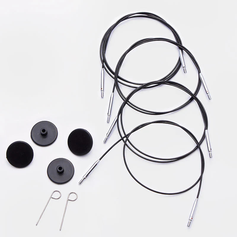 Stainless Steel Fixed Cords | Black & Silver | Compatible with Knitters Pride, KnitPicks, KnitPro and Lykke