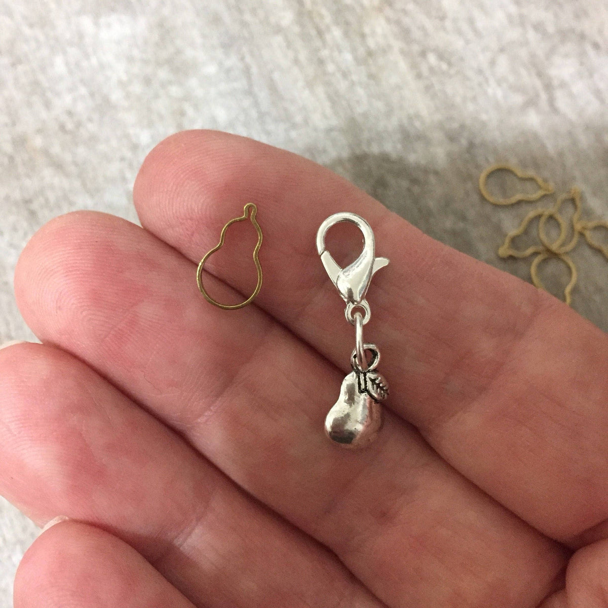 Tiny Brass Pear Shaped Stitch Marker and Pear Progress Keeper.
