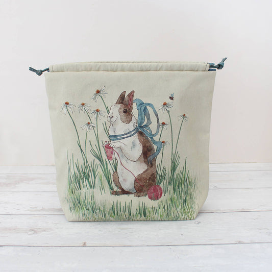 Daisy the Knitting Rabbit | Project Bag | Drawstring Bag
