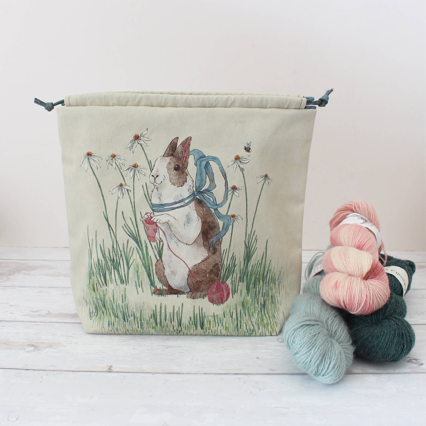 Daisy the Knitting Rabbit | Project Bag | Drawstring Bag
