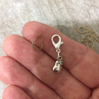 Tiny Brass Pear Shaped Stitch Marker and Pear Progress Keeper.