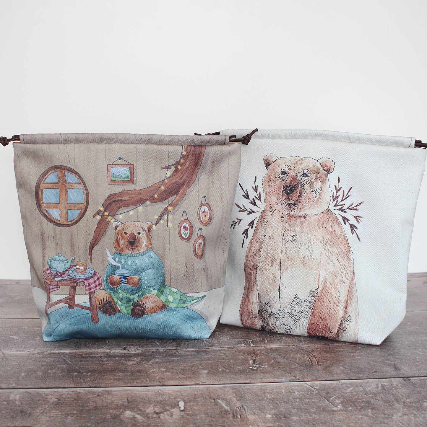 Bruno (Winter) the Brown Bear | Project Bag | Drawstring Bag