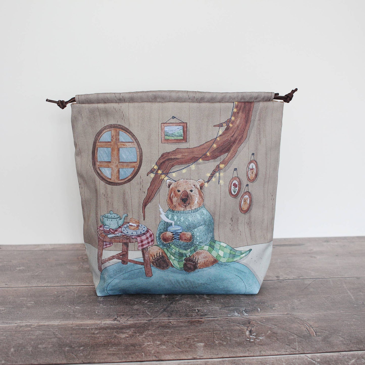 Bruno (Winter) the Brown Bear | Project Bag | Drawstring Bag