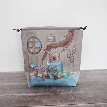 Bruno (Winter) the Brown Bear | Project Bag | Drawstring Bag