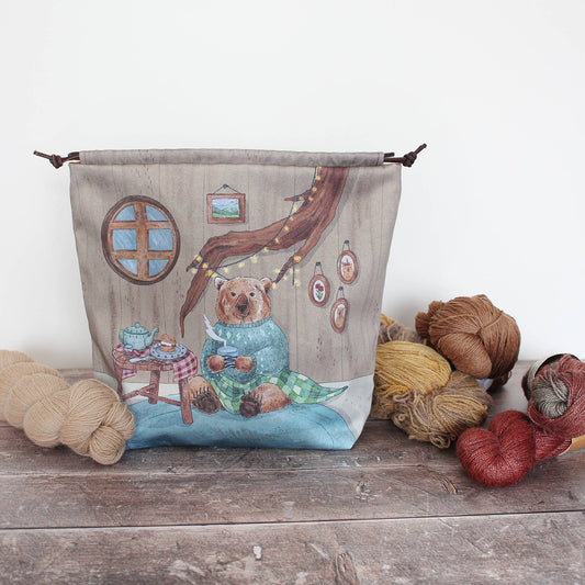 Bruno (Winter) the Brown Bear | Project Bag | Drawstring Bag