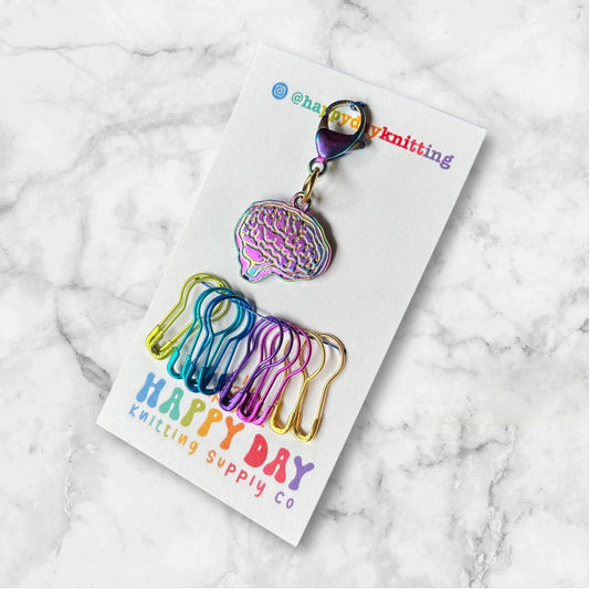 Bright Minds Stitch Marker Set - Brain Charm and Bulb Pins