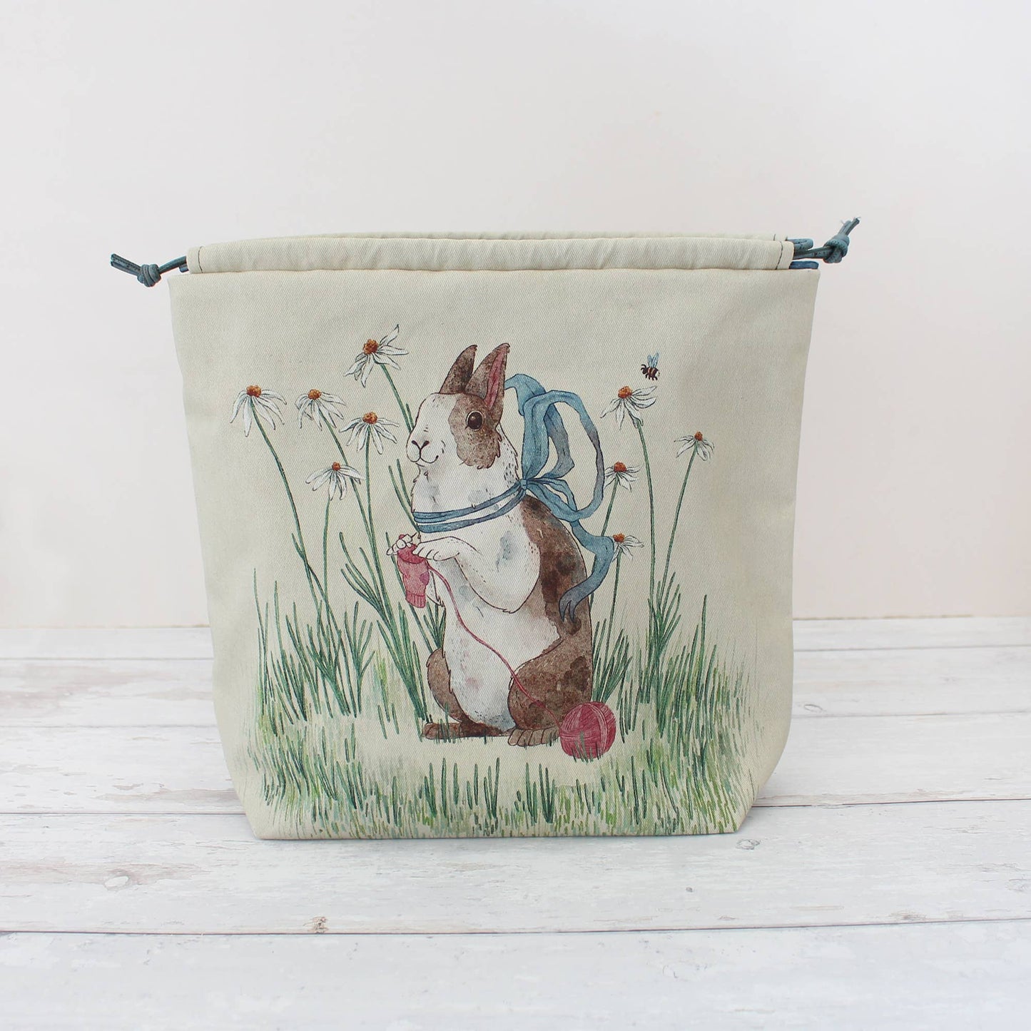 Daisy the Knitting Rabbit | Project Bag | Drawstring Bag