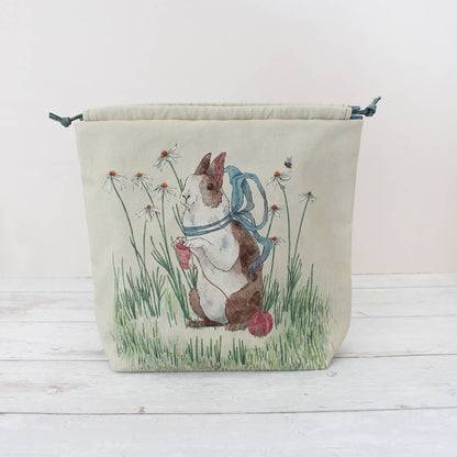 Daisy the Knitting Rabbit | Project Bag | Drawstring Bag