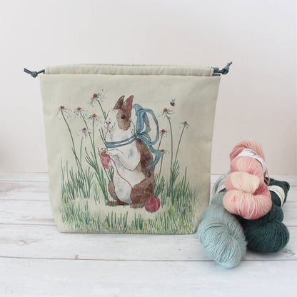 Daisy the Knitting Rabbit | Project Bag | Drawstring Bag