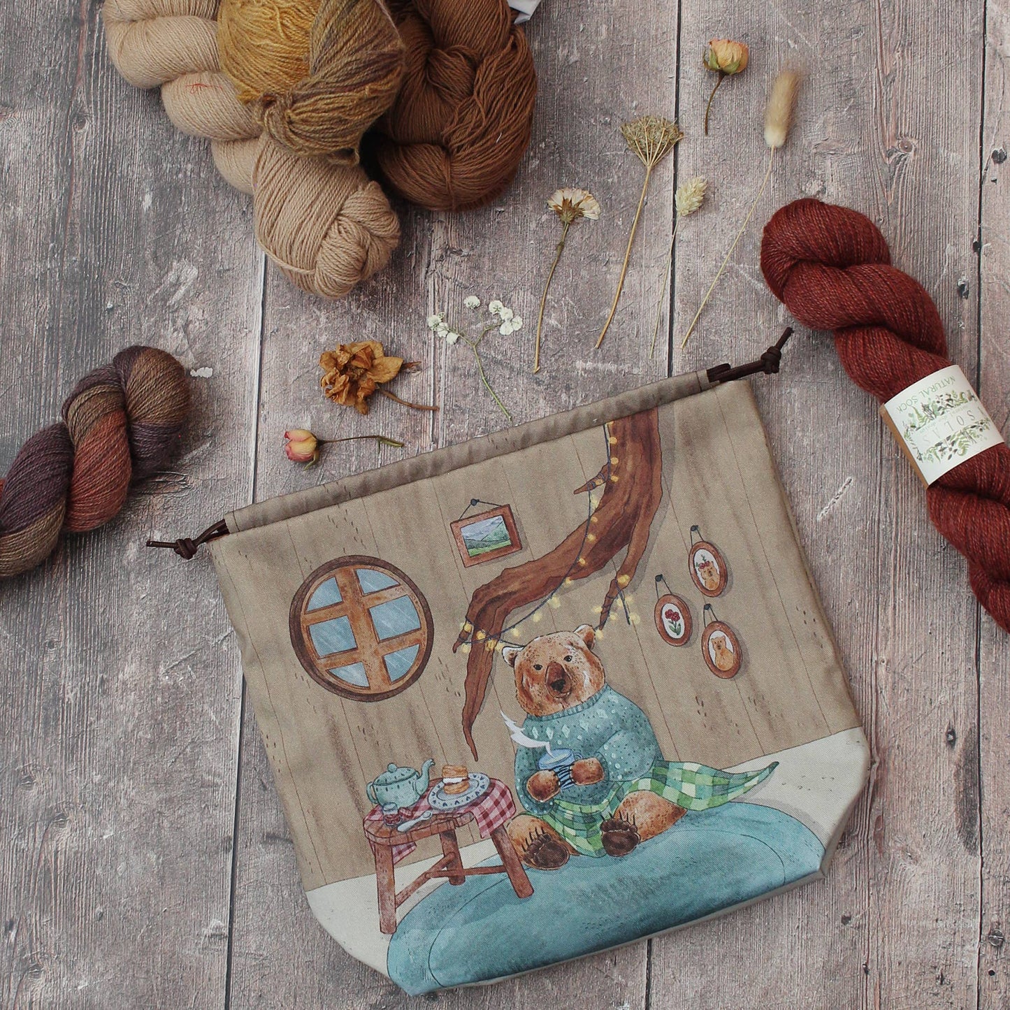 Bruno (Winter) the Brown Bear | Project Bag | Drawstring Bag