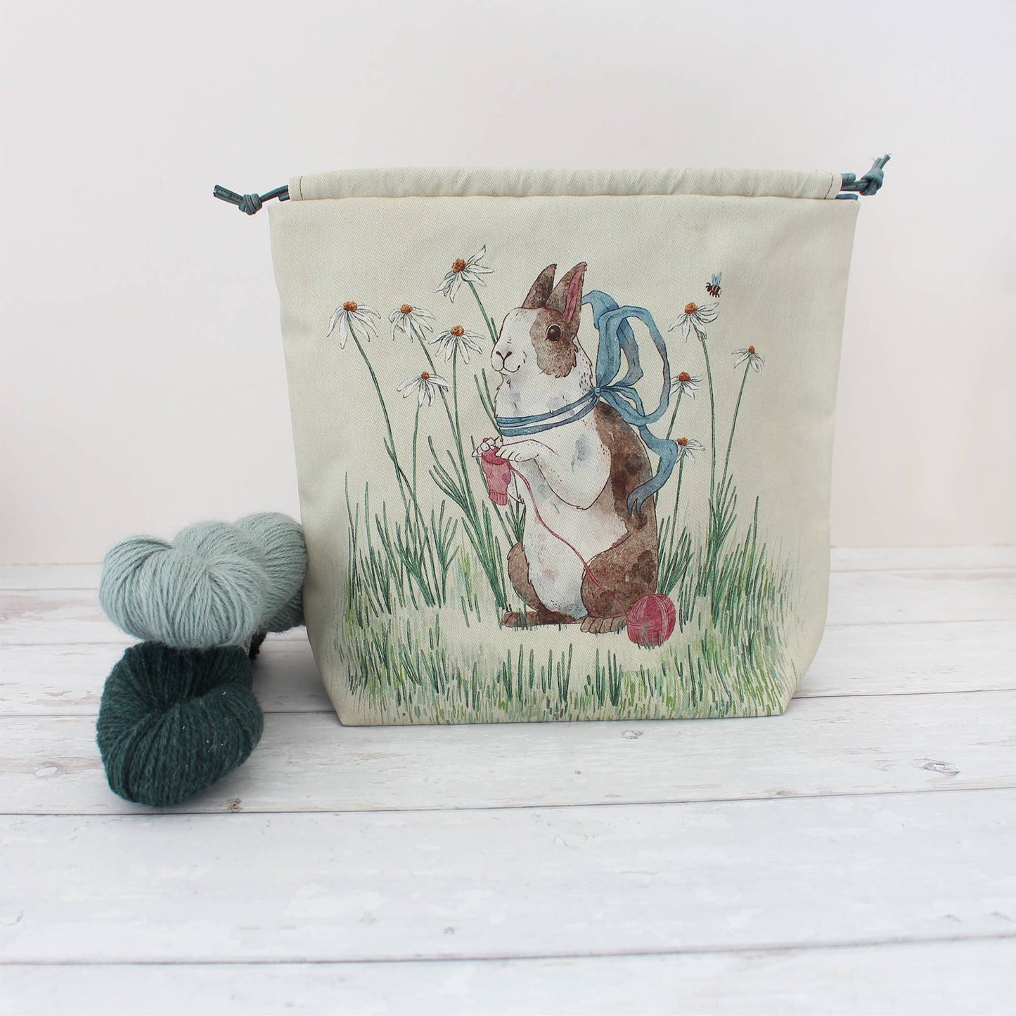Daisy the Knitting Rabbit | Project Bag | Drawstring Bag