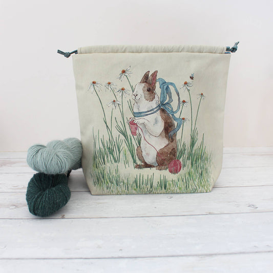 Daisy the Knitting Rabbit | Project Bag | Drawstring Bag