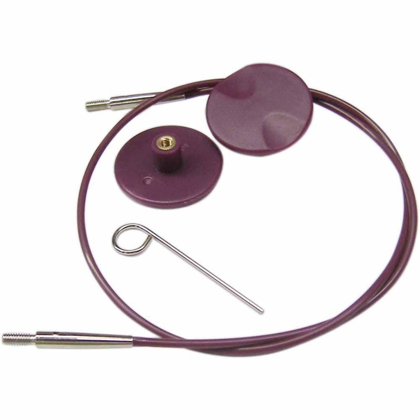 purple circular knitting machine parts with metal threaded ends and a small metal pin on white background