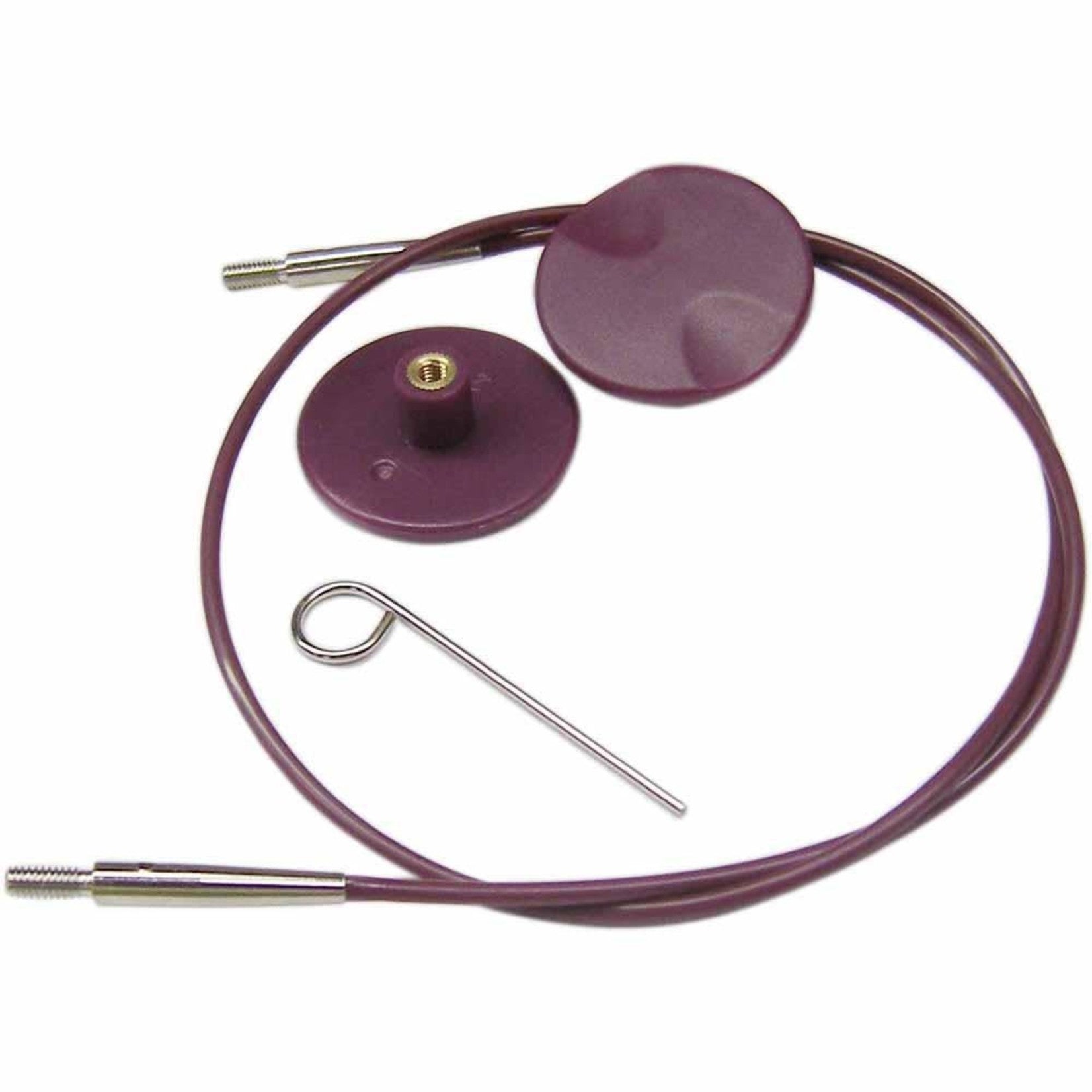 purple circular knitting machine parts with metal threaded ends and a small metal pin on white background