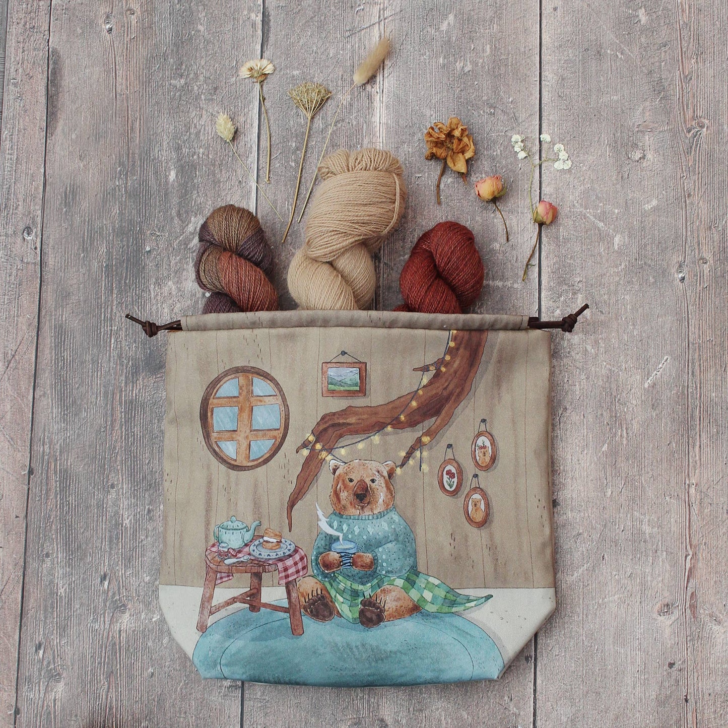 Bruno (Winter) the Brown Bear | Project Bag | Drawstring Bag