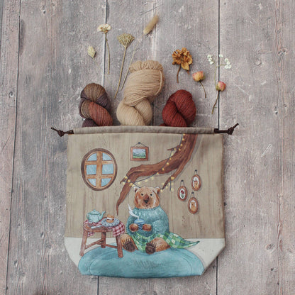 Bruno (Winter) the Brown Bear | Project Bag | Drawstring Bag